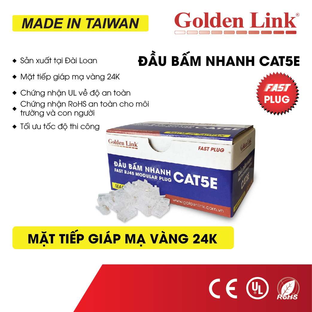 ĐẦU BẤM NHANH GOLDEN LINK FAST RJ45 MODULAR PLUG CAT5E MADE IN TAIWAN