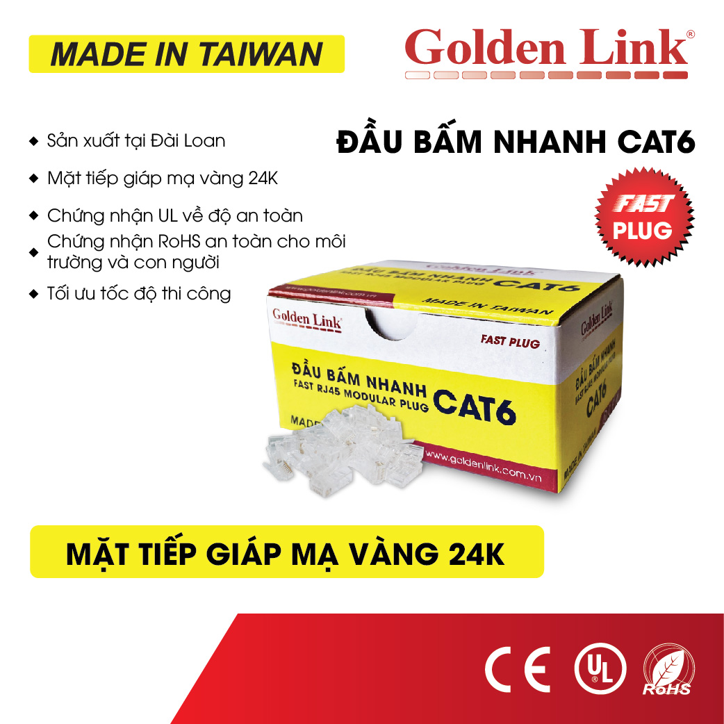 ĐẦU BẤM NHANH GOLDEN LINK FAST RJ45 MODULAR PLUG CAT6 MADE IN TAIWAN