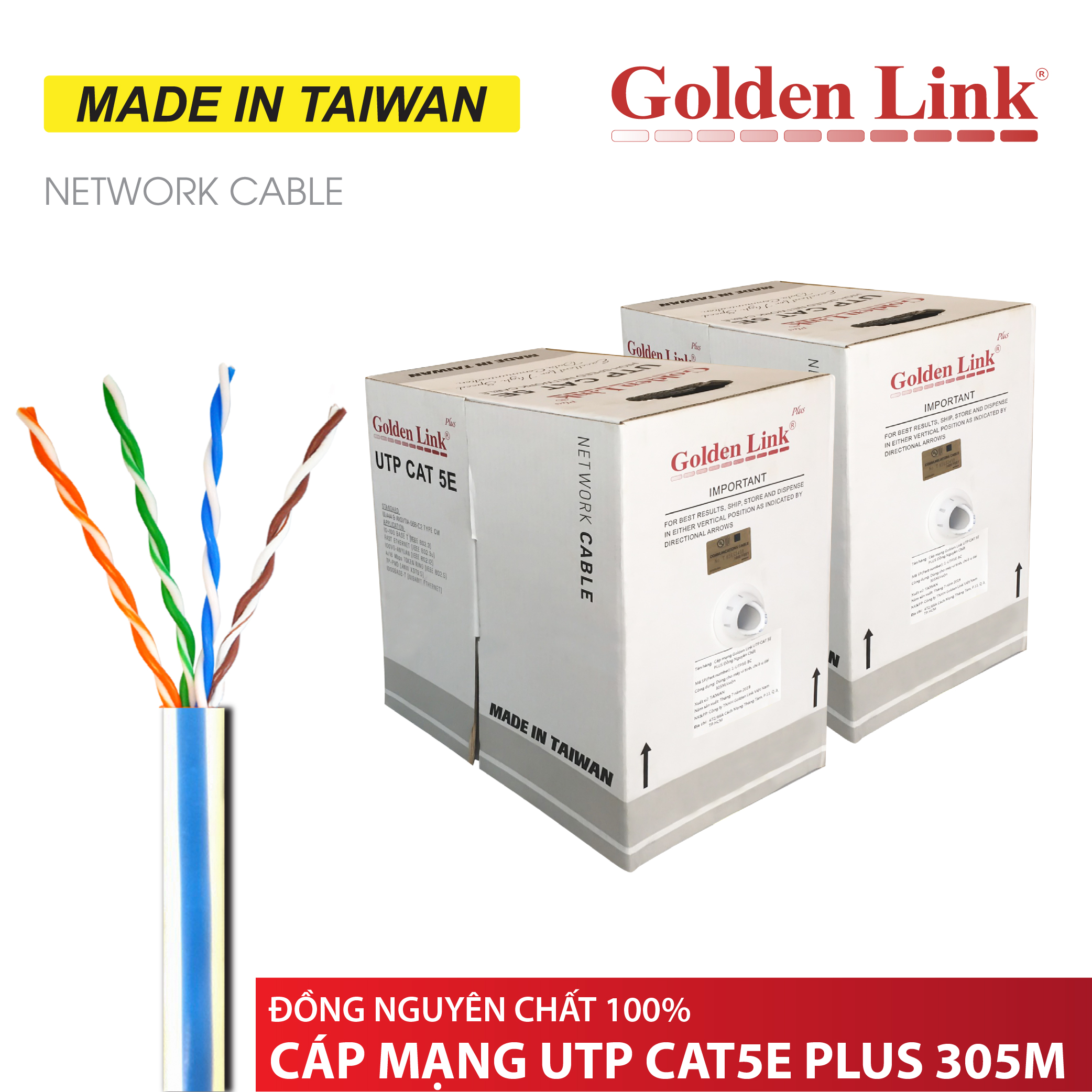 CÁP MẠNG Golden Link Plus UTP CAT5E 305M TRẮNG VIỀN XANH MADE IN TAIWAN